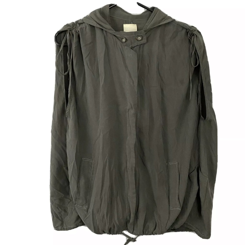 line dot Cinched Cap Sleeves Hooded Button Up 100% Silk Oversized Tunic Size S